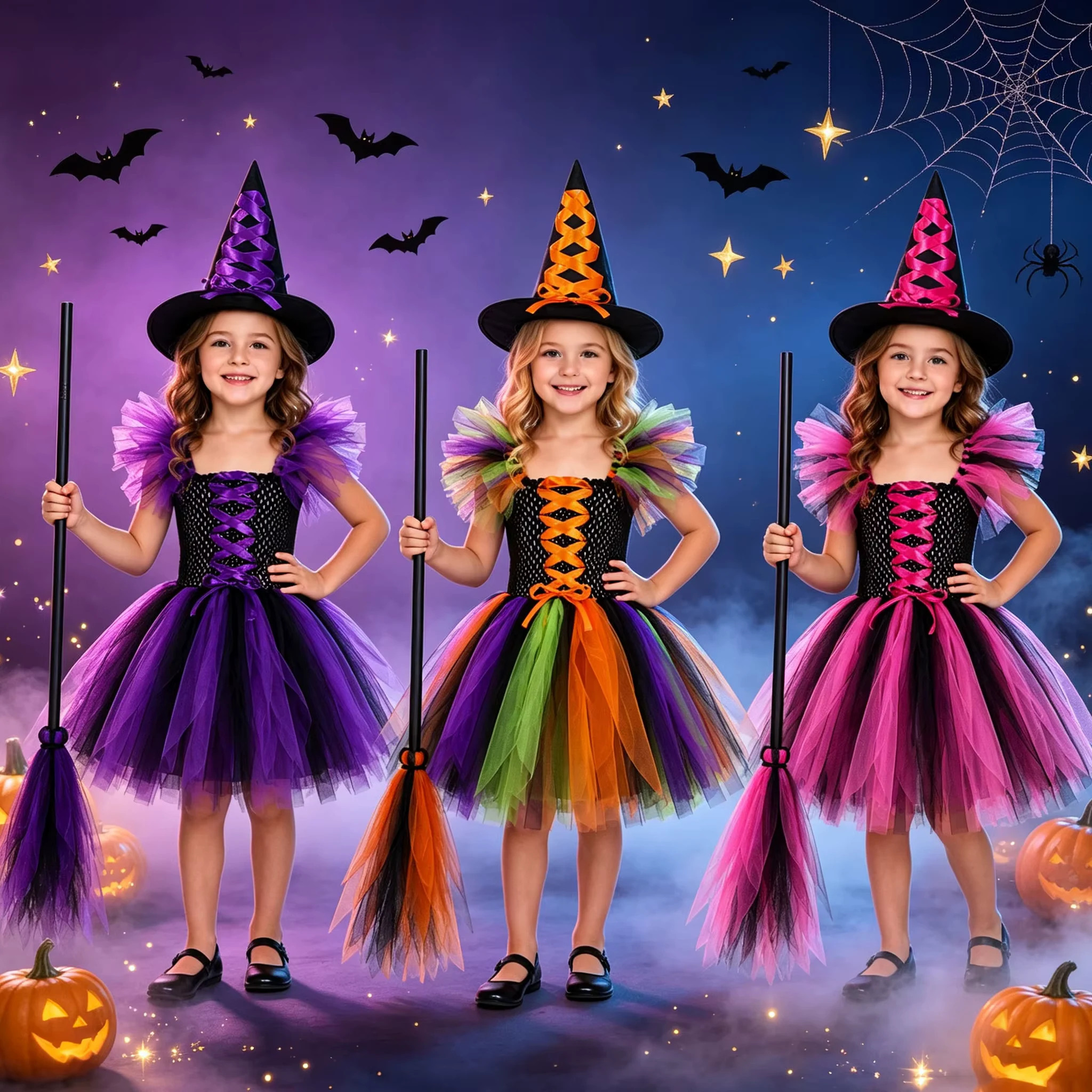 Girls Halloween Witch Costume Tulle Tutu Dress with Pointed Hat Kids Fancy Dress Outfit Carnival Cosplay Party Role Play 3 Color