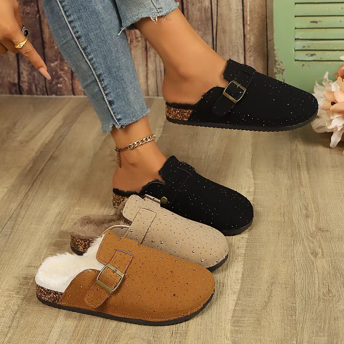 Classic Winter Mules for Women 2026 New Winter Fur Suede Clogs Cork Footbed Cozy Slippers with Adjustable Buckle Casual Shoes