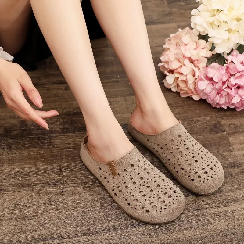 Women Hollow‑Out Mules Clogs Summer Breathable Cutout Closed Toe Flat Backless Slippers Suede Slip‑On Casual Outdoor Shoes