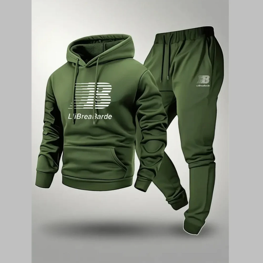 New Spring and Autumn Leisure Sports Set men's fashionable hooded print 100% polyester fiber hoodie paired lace up running pants