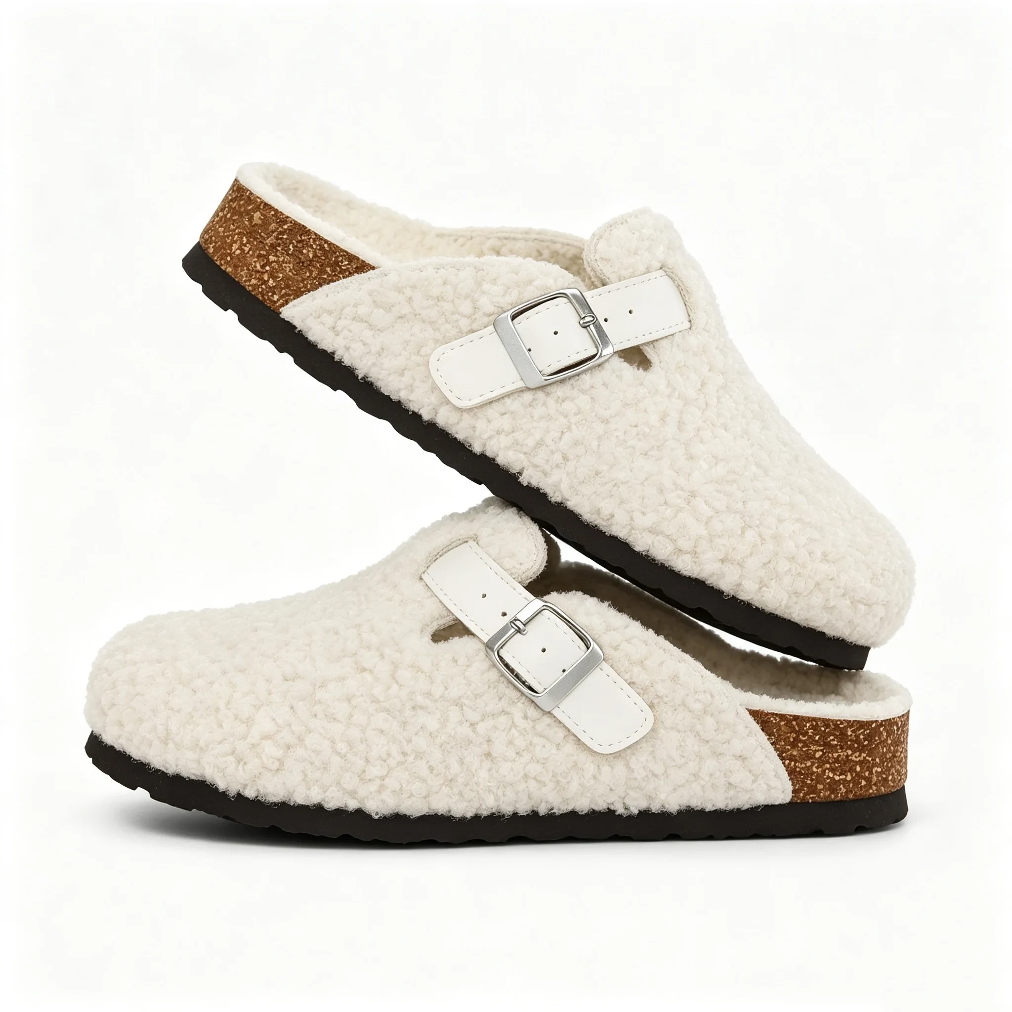 Comwarm Fleece Lined Women's Clogs Slippers Slip On Cork Footbed Slides Fuzzy Slippers Anti‑Slip Rubber Sole Mules for Ladies