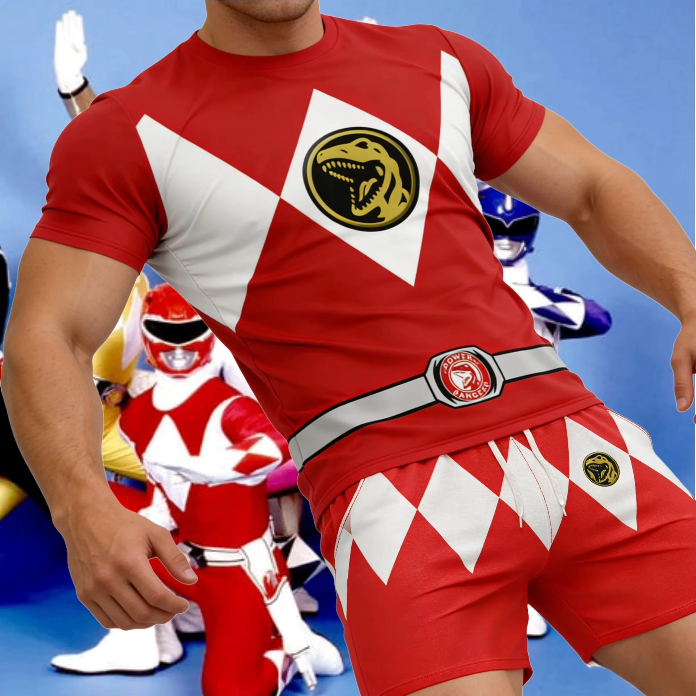 2026 Summer New Bandai Power Rangers Tee Shorts Men Women Oversized Breathable Quick Drying Fitness Running Sportswear Set