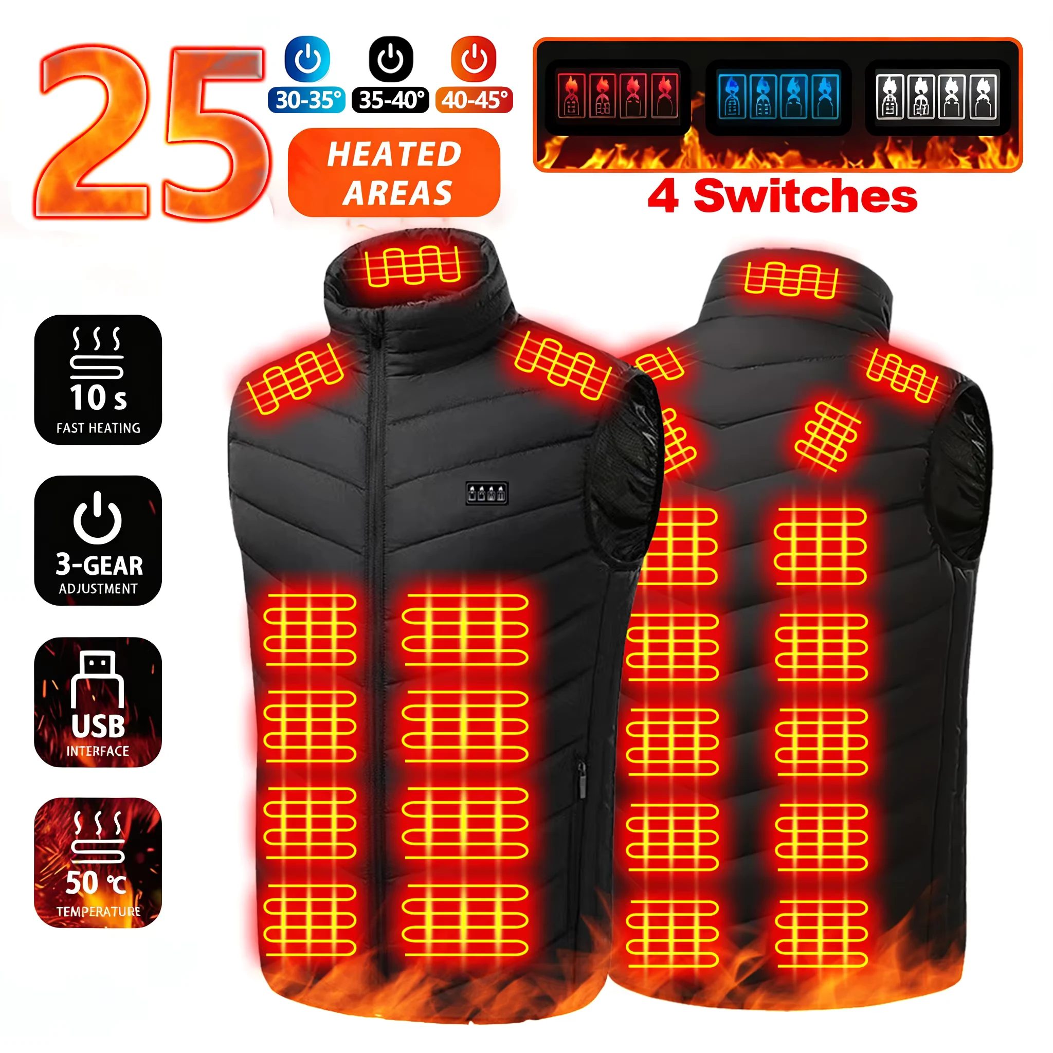 Winter Intelligent Heated Vest Fast Heating 25 Heating Zones 3 Temperature Settings 4-Zone Control USB Port for Men's Outdoor We