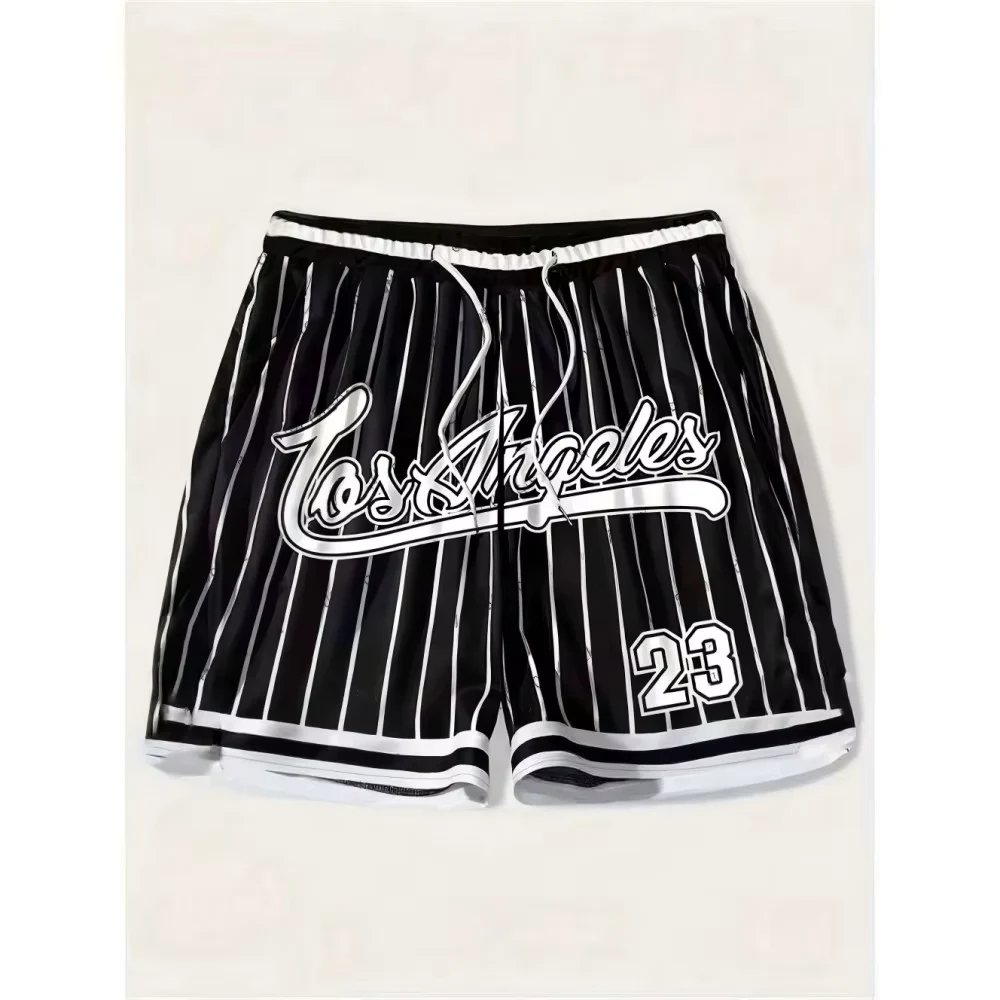 European and American men's summer Gothic letter stripe print comfortable breathable drawstring shorts outdoor casual pants