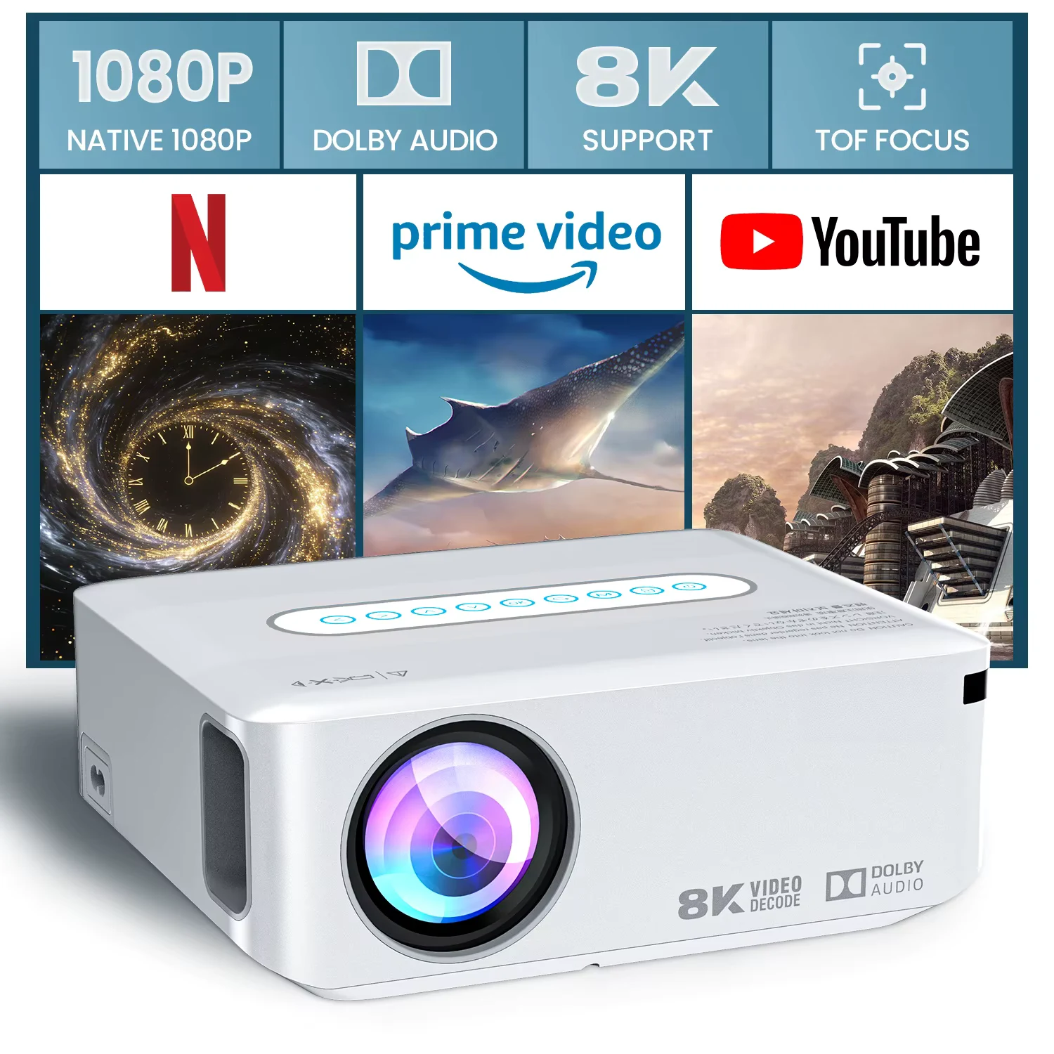 AOC X1 Smart Projector Native 1080P Support 8K Video Decode Android 9.0 350ANSI Dolby Audio 2.4G&5G WiFi BT5.0 Portable Home Theater Video Projector 4 Point Keystone Correction