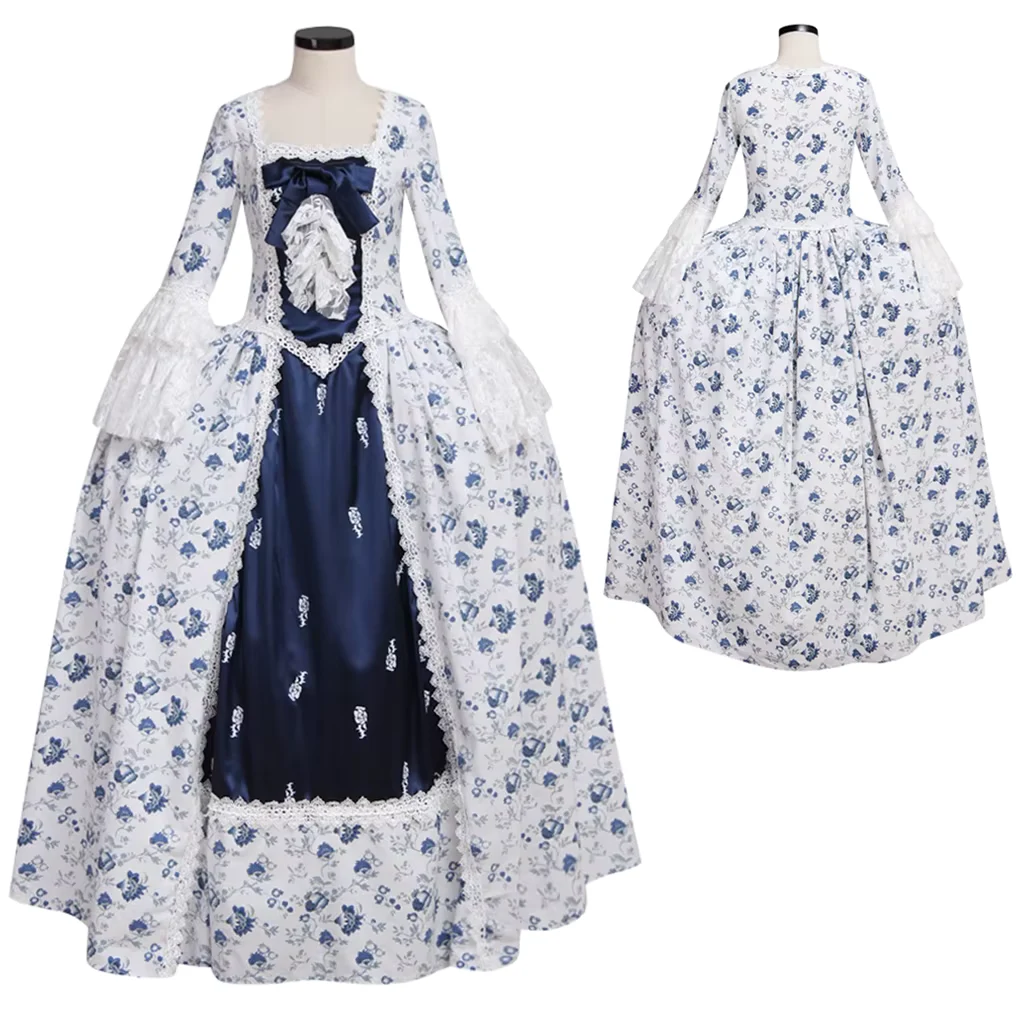 In Stock Medieval Renaissance Blue Prom Dress Victorian Gothic Ball Gown Noble Princess Palace Floral Dress for Halloween Party