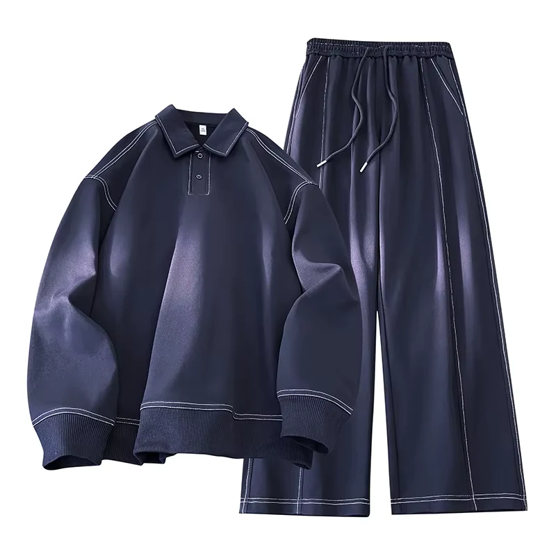 Men's Two-Piece Sportswear Set Casual Outdoor Spring Collection Square Neck Long Sleeve T-Shirt Elastic Waist Comfortable Pants