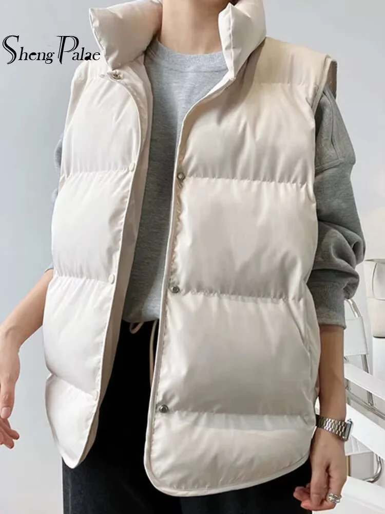 SHENGPALAE Fashion Contton Vest Women's 2026 Autumn Stand Collar Single Breasted Sleeveless Loose Solid Color Waistcoat 5E4841