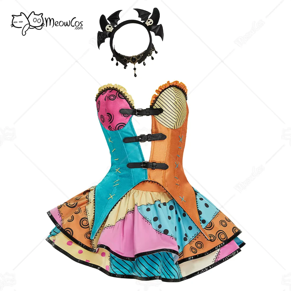 MEOWCOS Gothic Halloween Set V-neck Corset and Double Layered Skirt Corlorful Patchwork Cosplay Costume Suit with Headband
