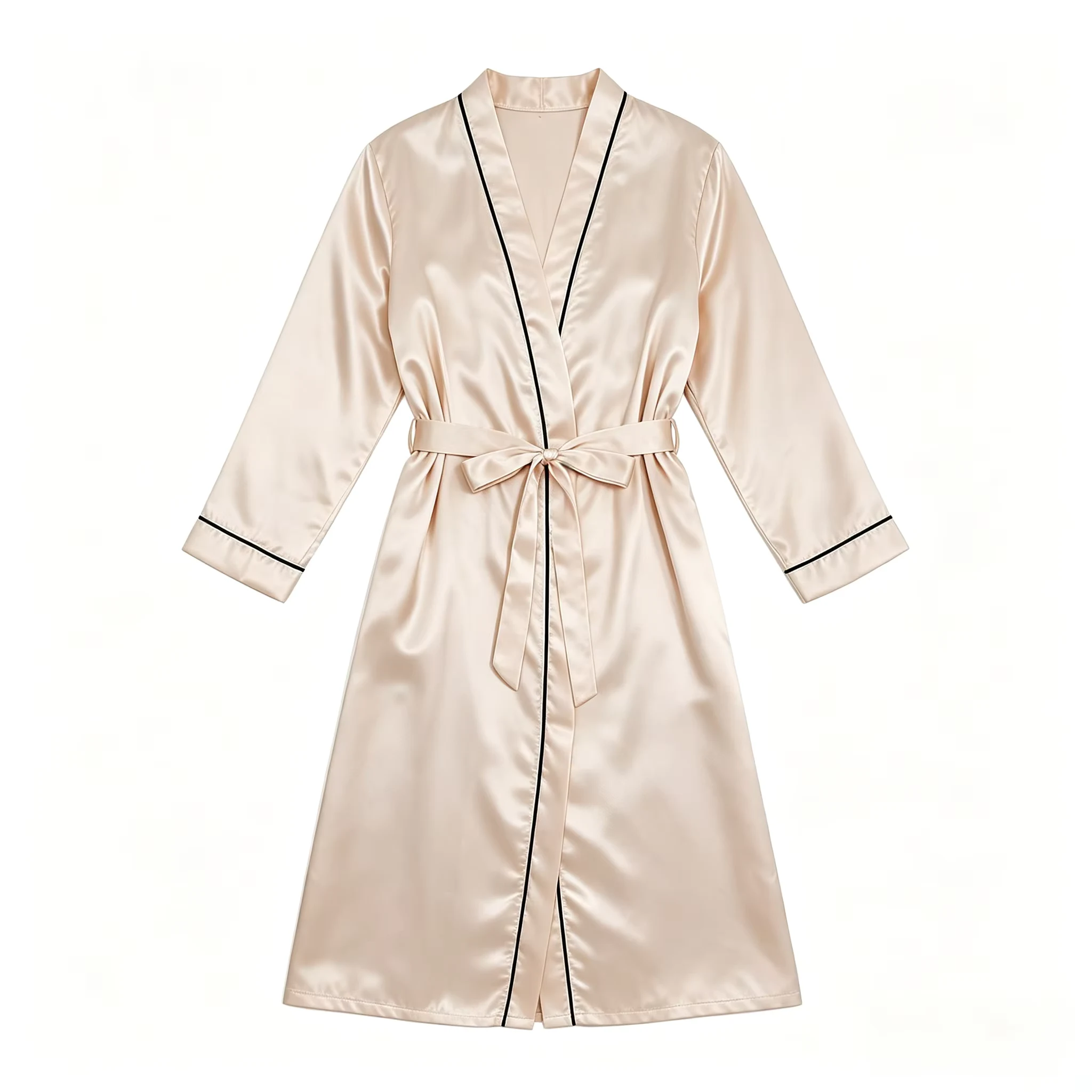 Women Luxury Black Satin Robe, V‑Neck Long Belted Sleep Robe, Elegant Noble Feel Breathable Loungewear, Versatile Home Robe for Wear In & Out