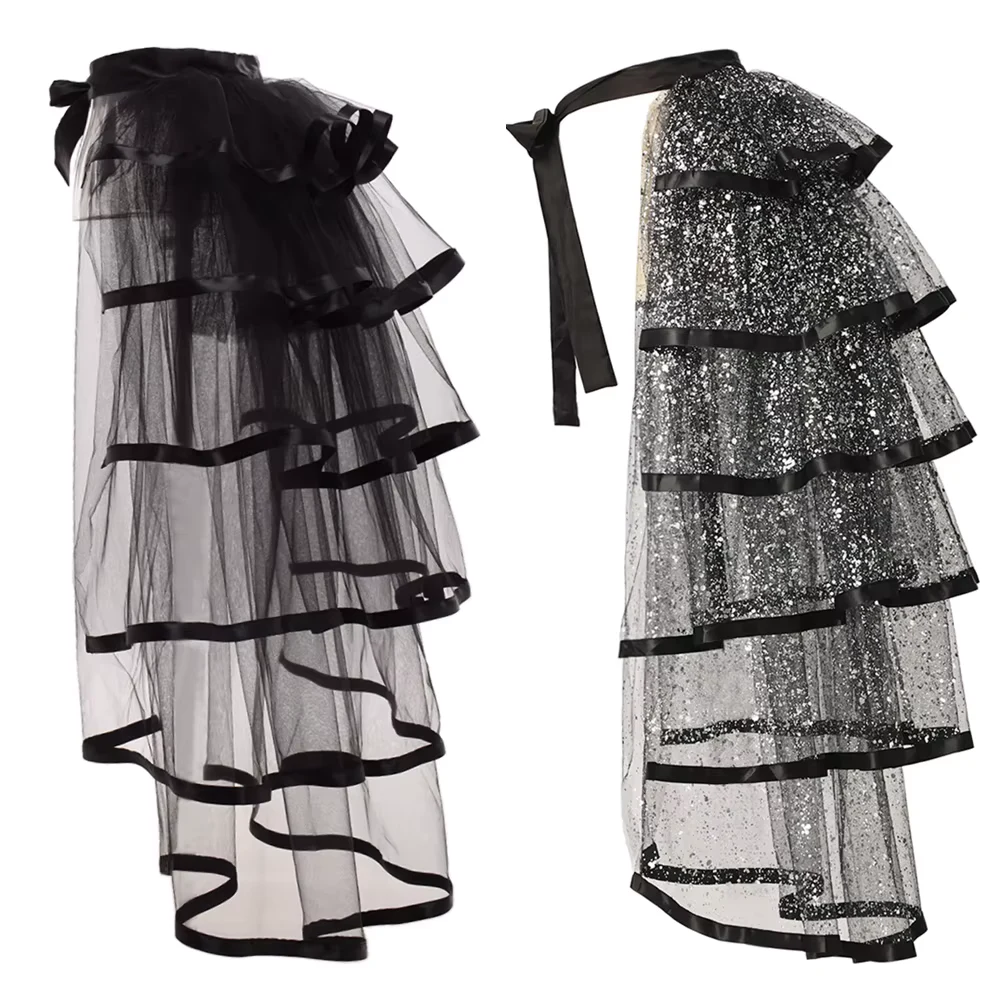 Victorian Steampunk Bustle Skirt for Women Halloween Fairy Gothic Layered Tulle Tutu Mermaid Tail Overskirt