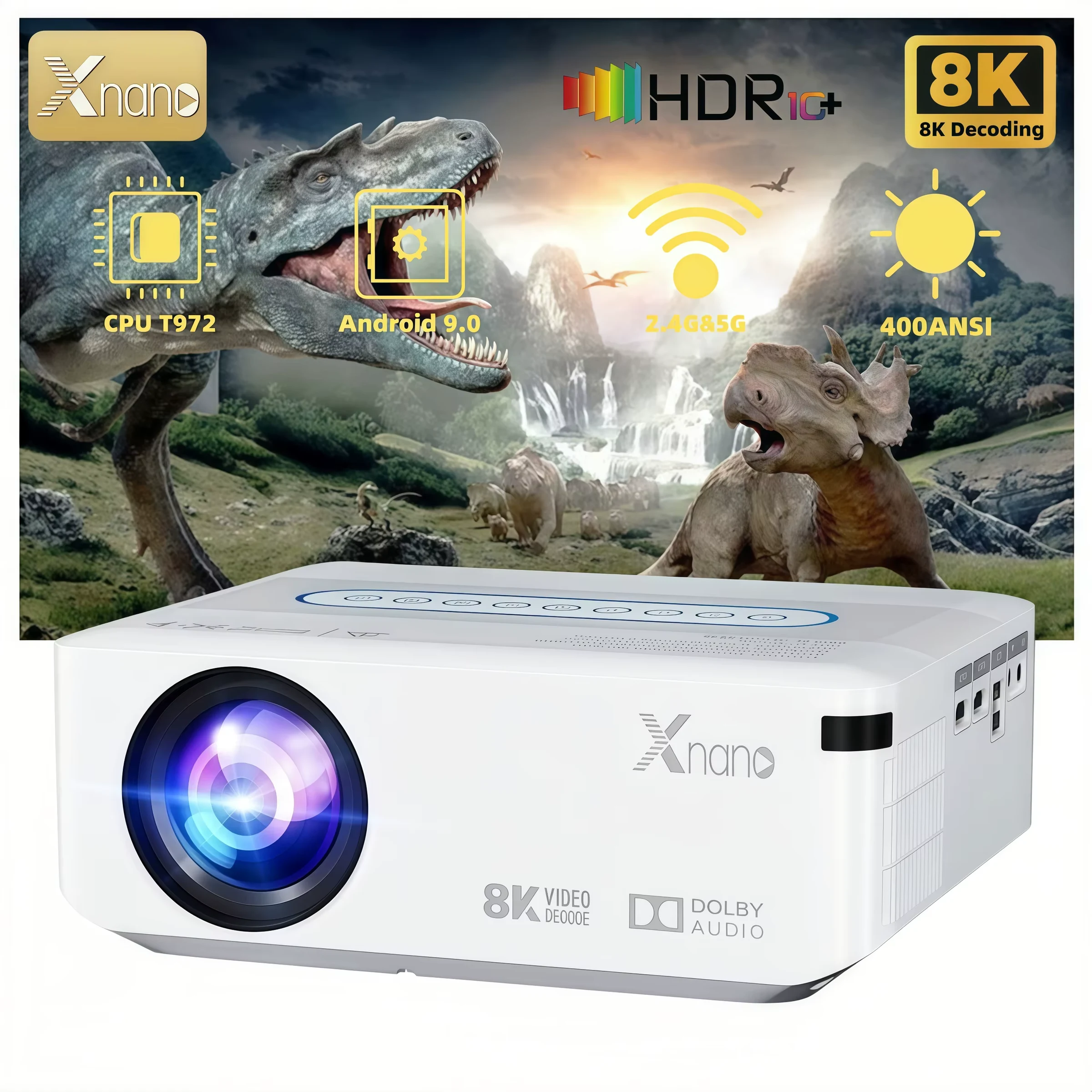 Xnano X1 Native 1080P Projector, 400 ANSI Lumens, 8K Decoding, Android 9.0, Wi-Fi, Bluetooth 5.0, Portable Mini Projector, Dolby Audio, 4-Point Keystone Correction, Voice Remote, Smart Home Theater, Outdoor Movie Projector for Bedrooms and Gaming