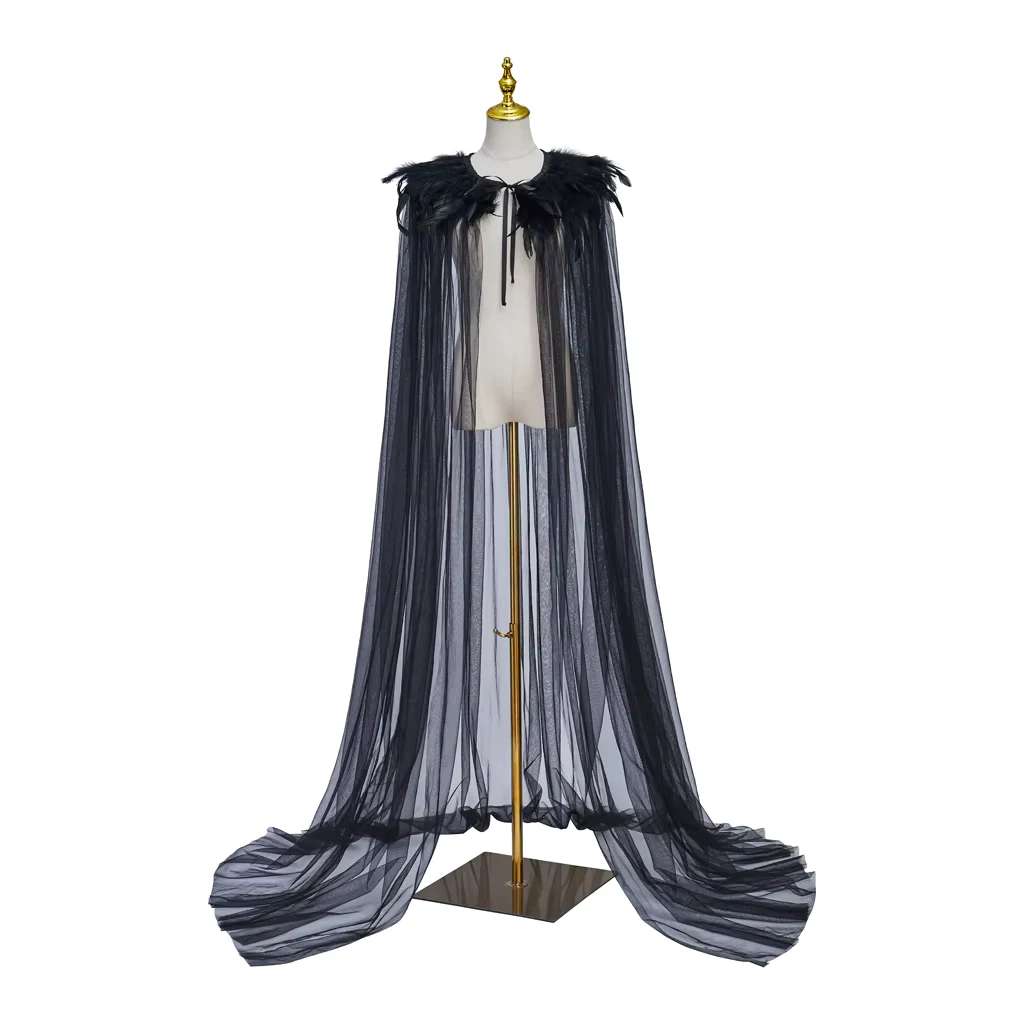 Black Feather Cloak Unisex Medieval Cape Shawl Halloween Party Witch Wizard Mantle Outfits Cosplay Costumes Poncho Cloak