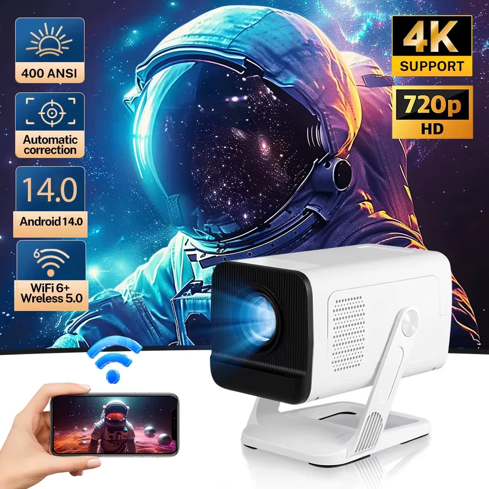 LYNCast X1 Short Throw Projector 720P Native 4K 400ANSI Android 14 WiFi6 BT5.4 Bedroom Rental Housing Student Dormitory Camping Business Presentation Fitness For Small Spaces