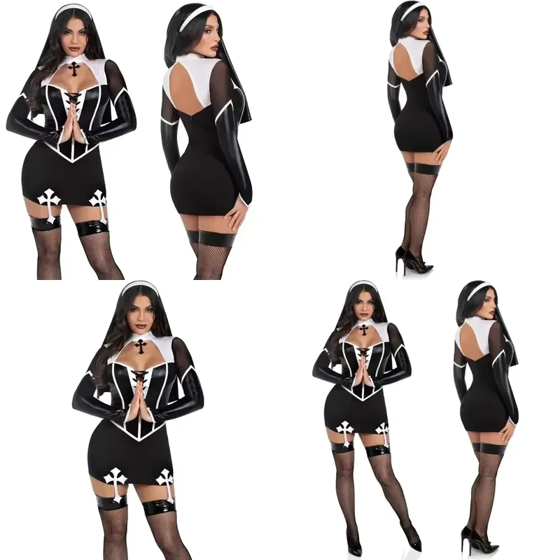Women Halloween Nun Costume Sexy Black PU Leather Hollow Cosplay Outfit Tops with Skirts Carnival Party Roleplay Dress Up