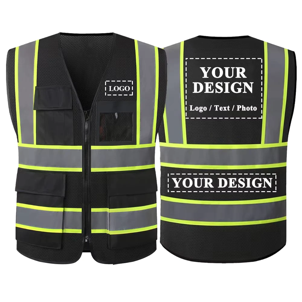 Hi Vis Workwear Black Mesh Vest Working Clothes Custom Company Logo Text Construction Worker Uniforms