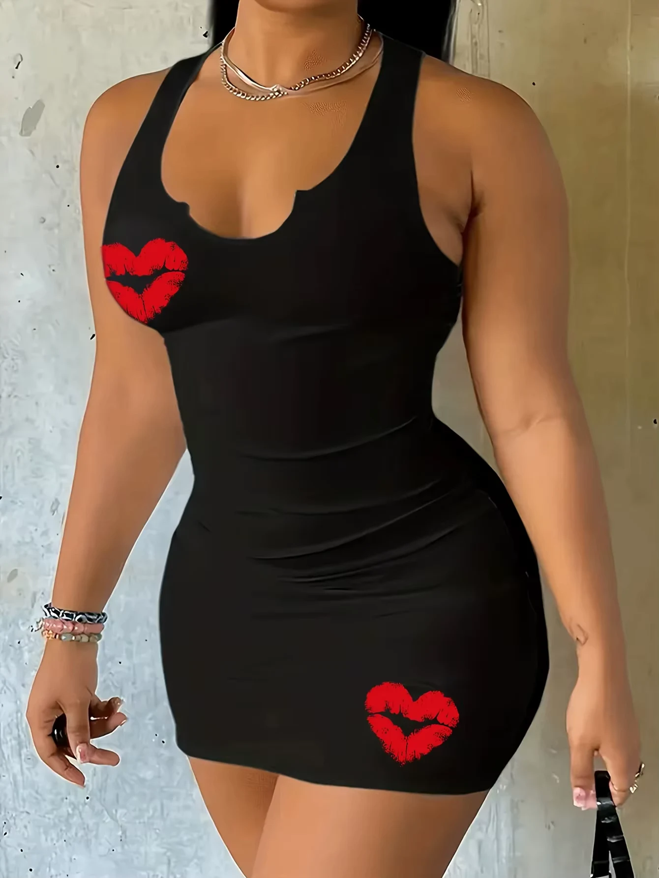 Women's Lip Print Sleeveless Bodycon Dress