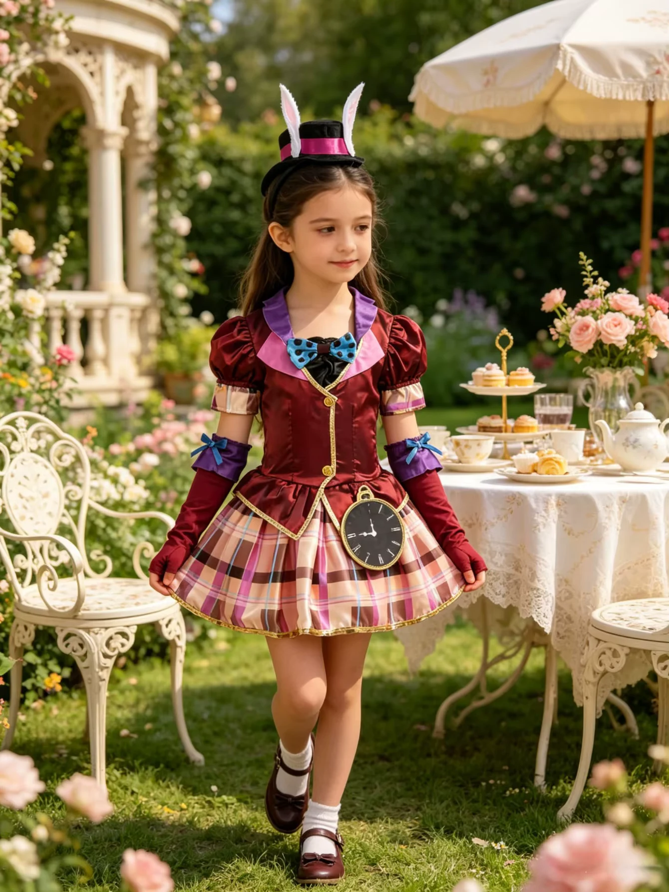 Girls fancy dress costume set includes plaid dress, bow tie, long arm sleeves and bunny ear top hat headband for Halloween and theme party dress up