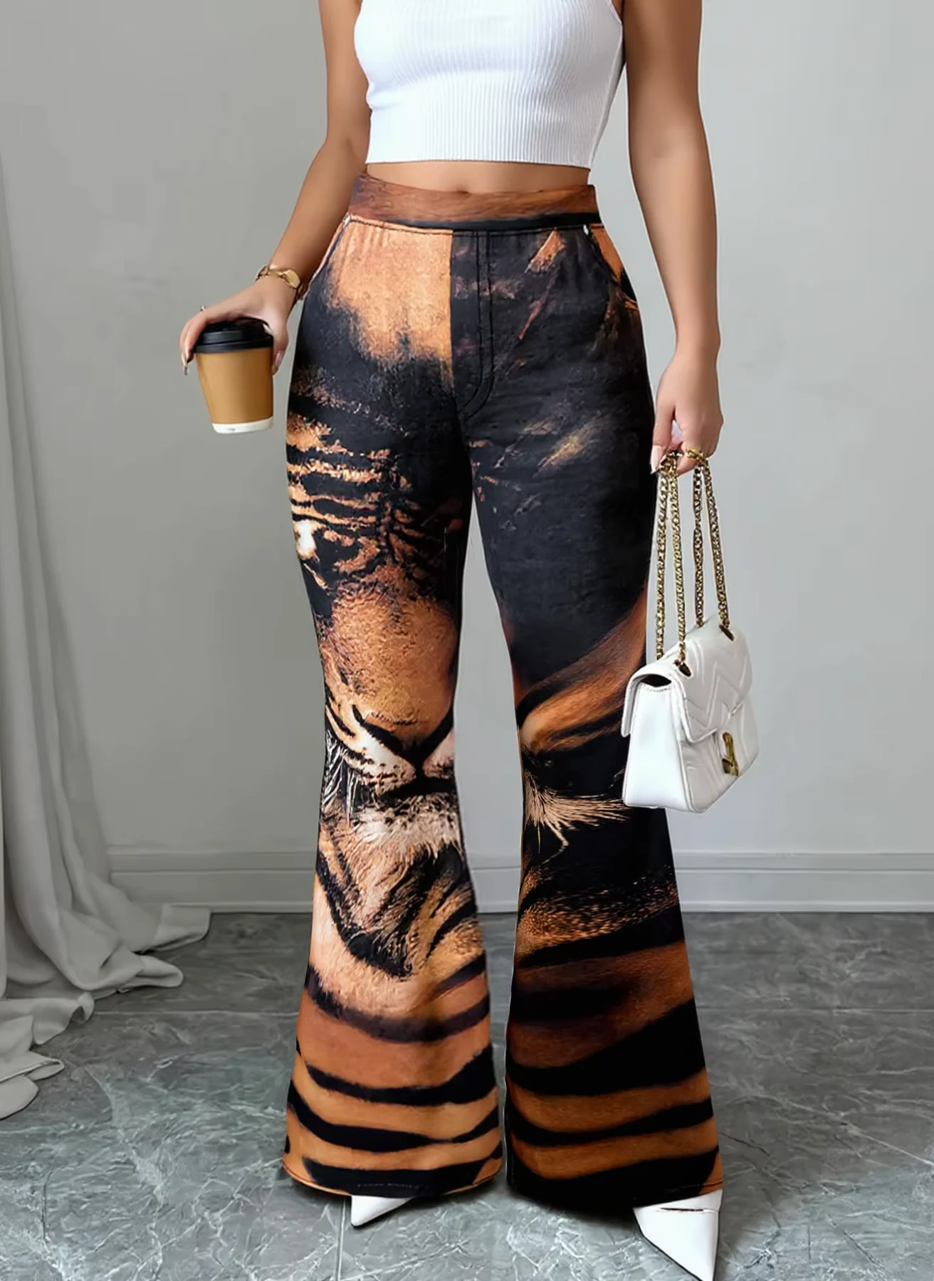 Women High Waist Tiger Print Flare Pants Vintage Animal Pattern Stretch Bell‑Bottom Trousers Club Party Streetwear Pants