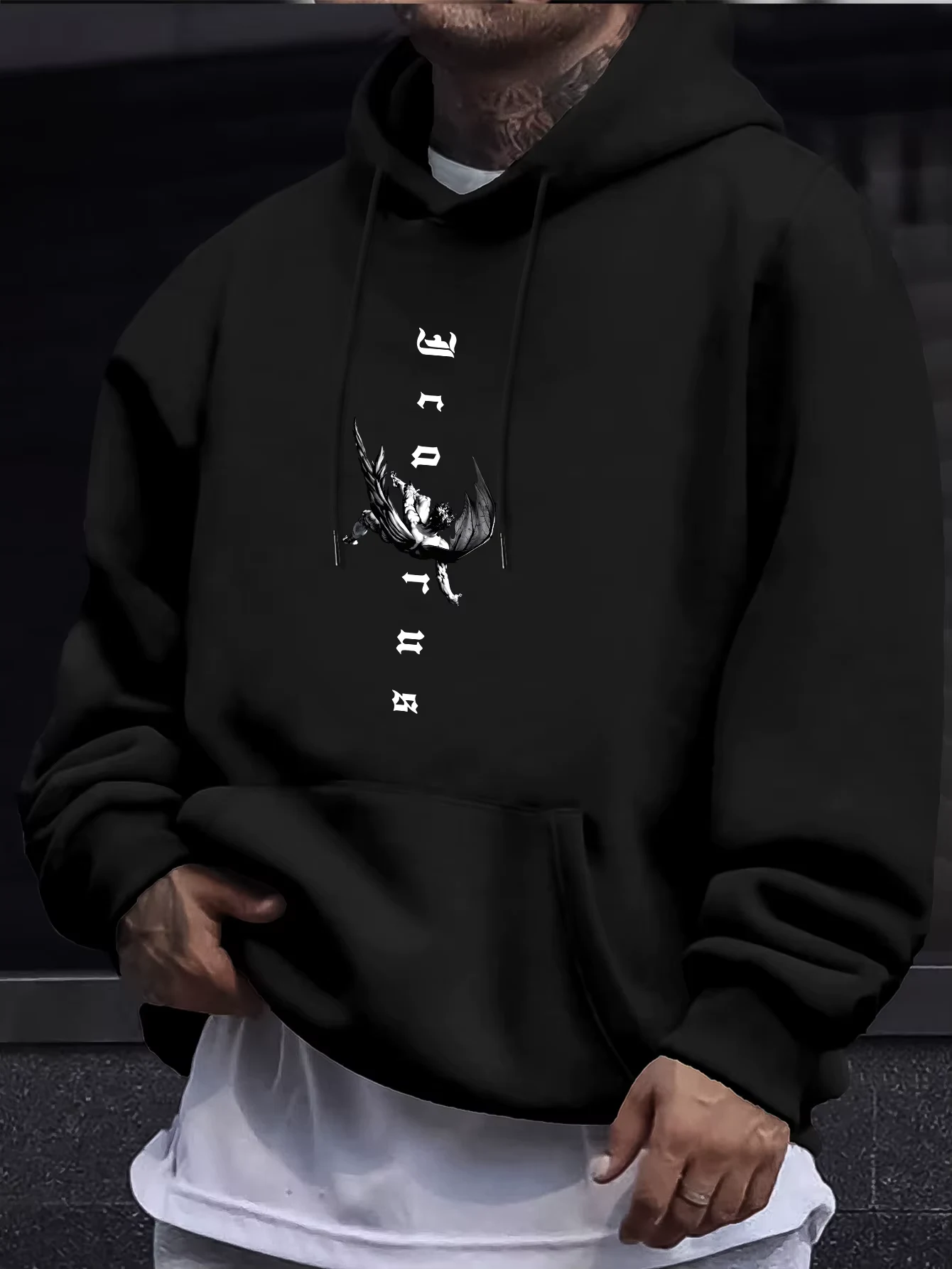 Men's Gothic Angel & Tarot Print Hooded Sweatshirt - Longr, Machine /Fall Layering (Tarot Card Design, Regular Fit) - Ideal for Themed Events & Casual Attire, Featuring Angel & Tarot Motifs, Comfortable Knit Fabric, and Versatile Streetwear Style for Men