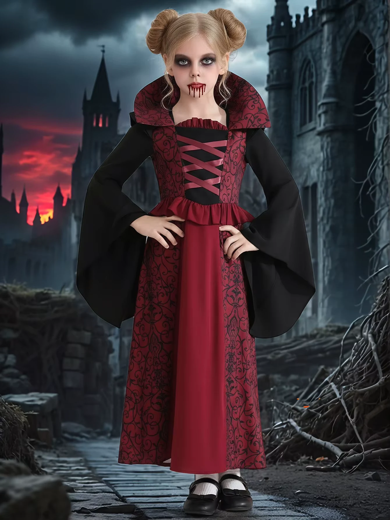 Girls Vampire Halloween Costume Gothic Long Dress Flare Sleeve Kids Witch Fancy Dress Carnival Cosplay Outfit