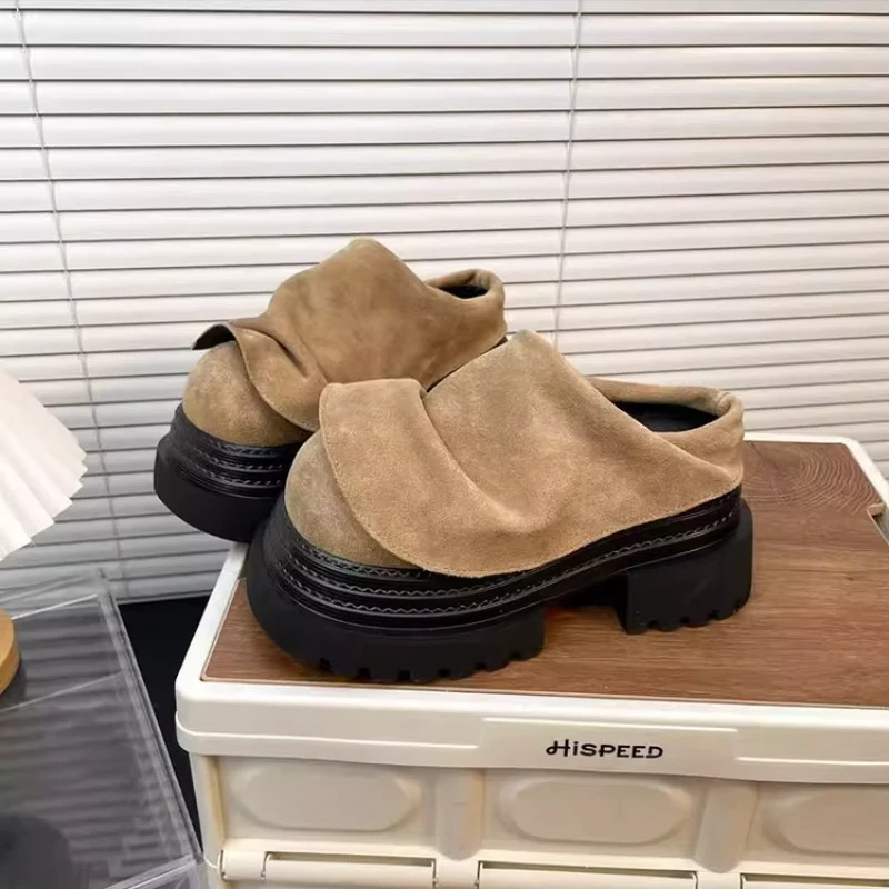 Women Suede Mules Platform Clogs Backless Slip On Shoes Folded Upper Chunky Lug Sole Retro Autumn Casual Shoes