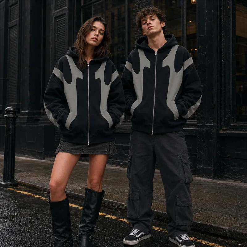 Unisex Full Zip Hoodie Black Grey Color Block Oversized Long Sleeve Kangaroo Pocket Fall Winter Gothic Casual Street Daily Wear