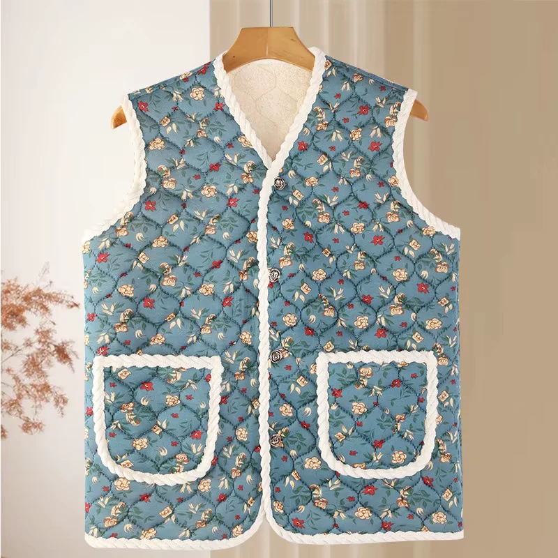 2025 New Winter Floral Kimchi Vest Quilted Vest Women's Ethnic Style Printing Thermal Vest