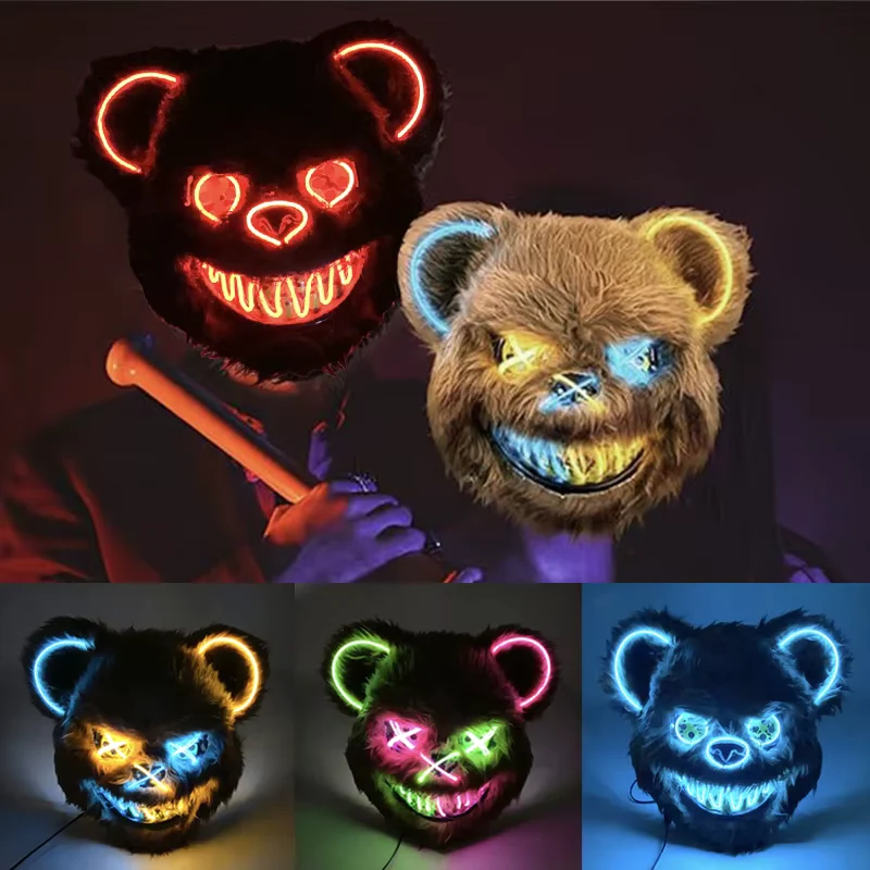 Halloween Horror Light Up Mask Glowing Bloody Bear Killer Mask Flashing Neon Scary Bear Mask for Cosplay Mask Purim Props