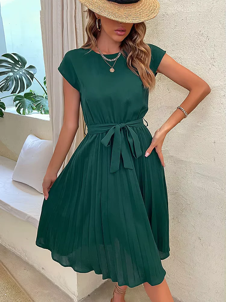 Women's Pleated Midi Sundress – Short Sleeve Beach Dress