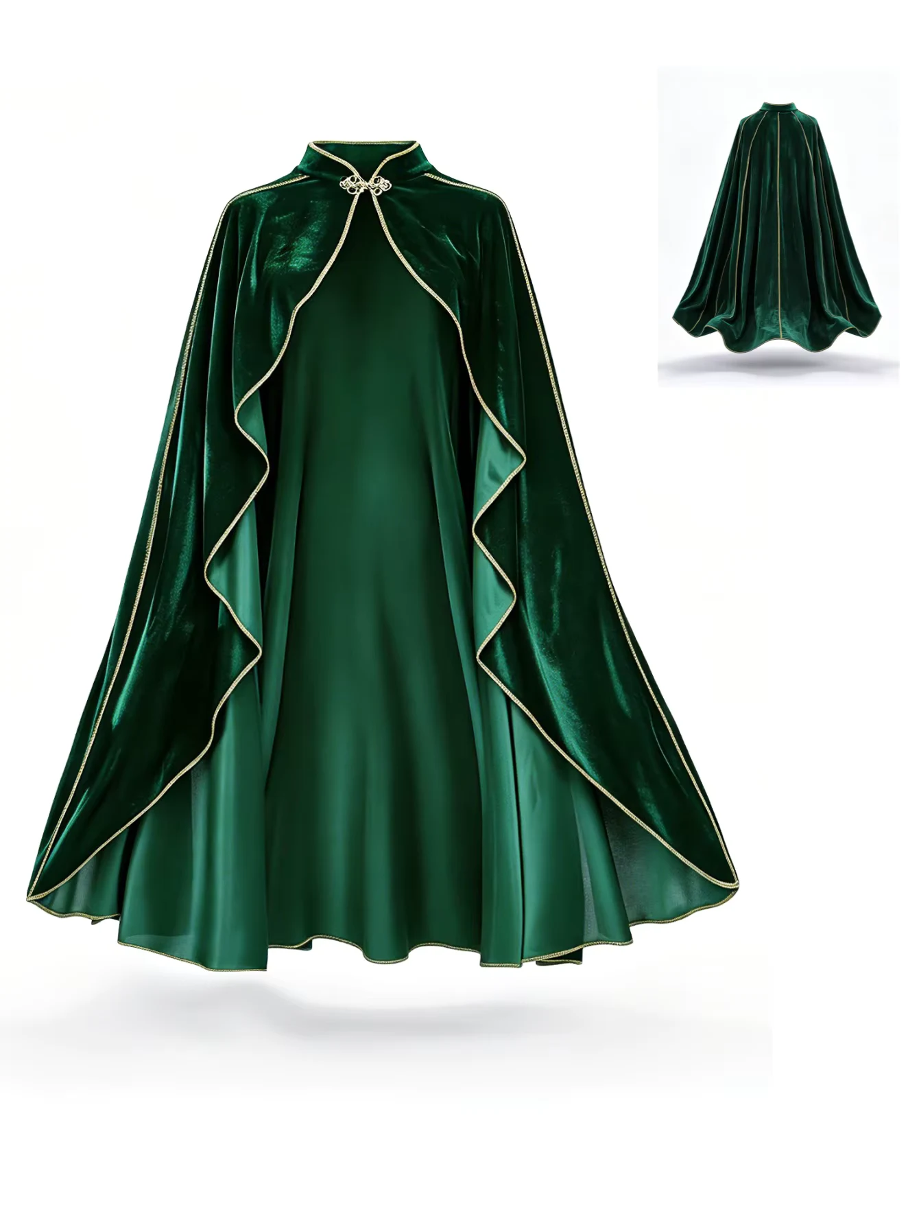 Women Vintage Green Velvet Cape Cloak Gold Trim Stand Collar Cosplay Costume Long Cape For Halloween Party Medieval Renaissance Dress Up