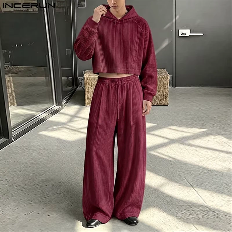 INCERUN Men's Sets Solid Hooded Long Sleeve Crop Sweatshirts Pants Two Piece Sets Streetwear Casual Men Matching Sets Tracksuits