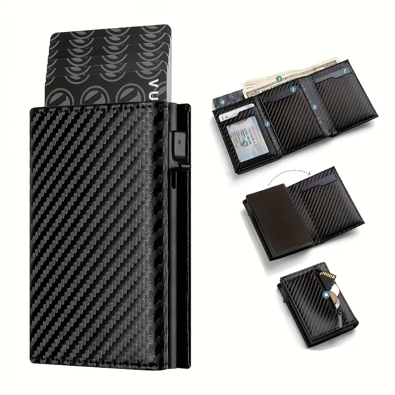 Men's Wallet with Zipper Coin Purse Automatic Pop-up Metal Credit Card Holder Minimalist RFID Blocking Business Card Wallet Idea